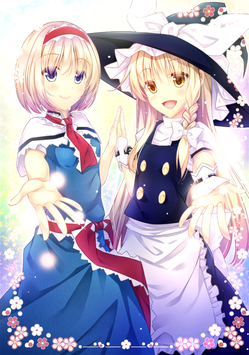 2girls, :d, akane_hazuki, alice_margatroid, apron, asymmetrical_hair, belt, black_dress