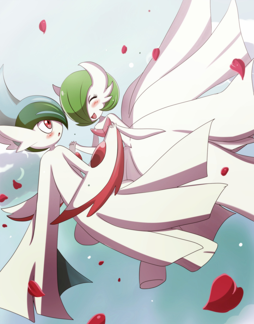 :o, blush, closed_eyes, gallade, gardevoir, hand_holding, highres, interlocked_fingers
