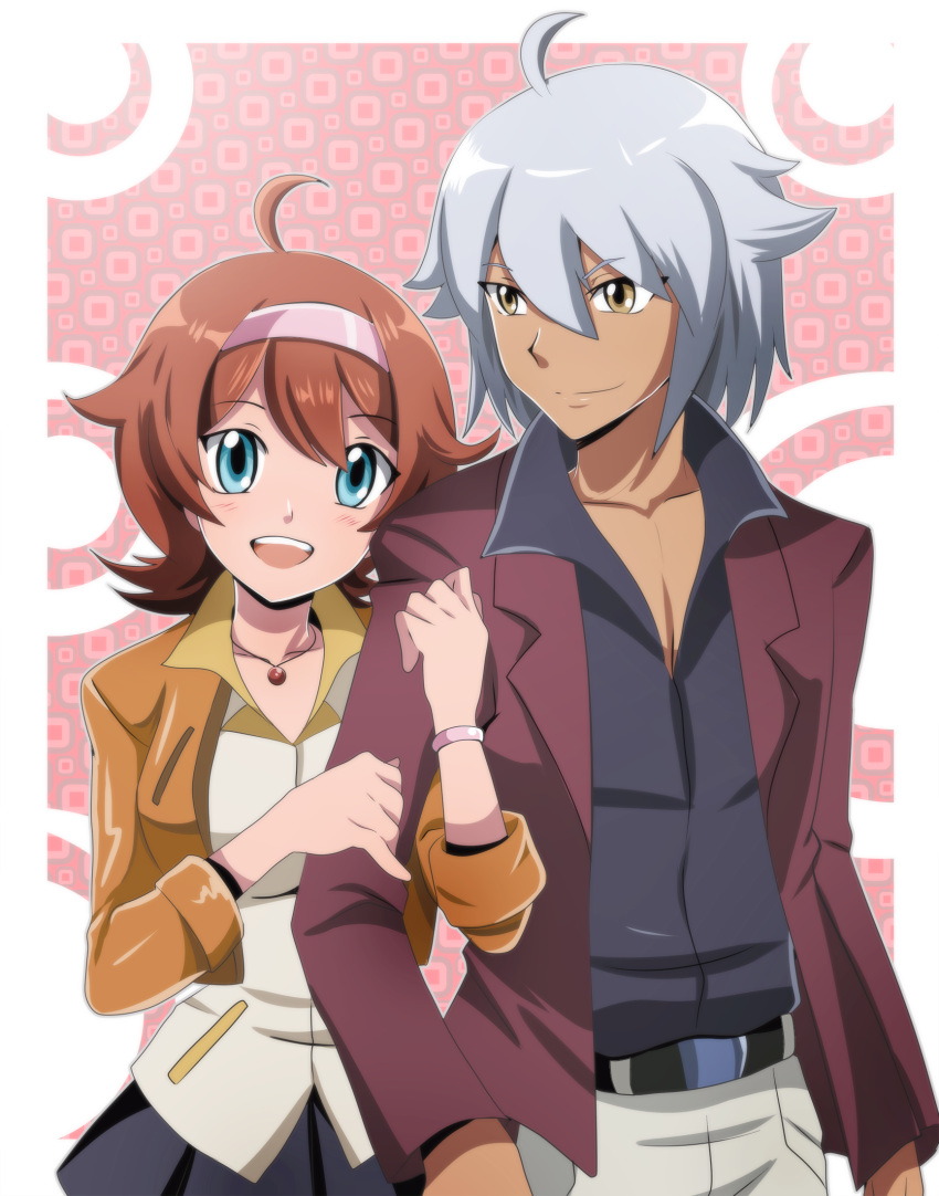 00s, 1boy, 1girl, ahoge, amano_madoka, beyblade, blue_eyes, bracelet