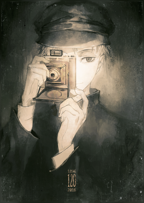 1boy, 2016, black_jacket, blonde_hair, camera, fabri, green_eyes, grey_background