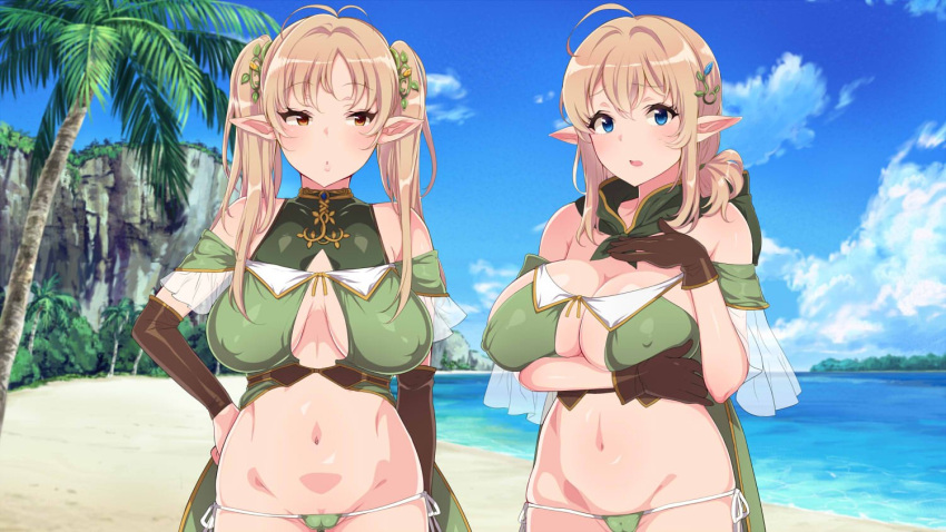2girls, ahoge, antenna_hair, bare_shoulders, beach, bikini, blonde_hair, blue_eyes, blush, breast_hold, breasts, brown_eyes, brown_gloves, cape, cleavage, cliff, clouds, elbow_gloves, elf, erect_nipples, front-tie_top, gloves, green_bikini, hair_ornament, hand_on_hip, hood, inari_(kimitama0902yahoocojp), jpeg_artifacts, large_breasts, long_hair, looking_at_another, looking_at_viewer, multiple_girls, navel, ocean, open_mouth, palm_tree, pointy_ears, short_hair, side-tie_bikini, sidelocks, sky, swimsuit, tree, twintails