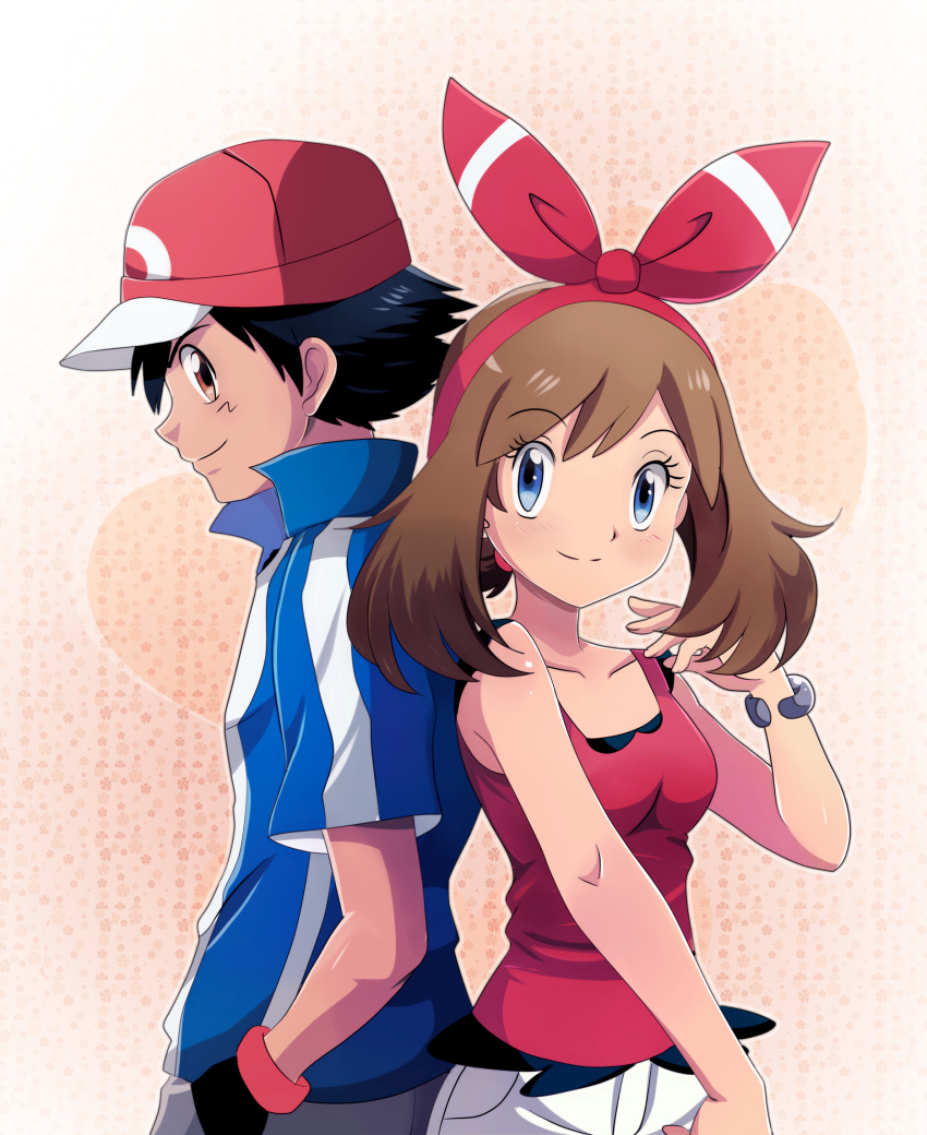 10s, 1boy, 1girl, back-to-back, black_hair, blue_eyes, bracelet, brown_eyes, brown_hair, collarbone, gloves, hair_ribbon, hairband, hands_in_pockets, haruka_(pokemon), haruka_(pokemon)_(remake), hat, highres, jewelry, miyuki_tsukiyono, pokemon, pokemon_(anime), pokemon_(game), pokemon_oras, profile, ribbon, satoshi_(pokemon), smile, tank_top