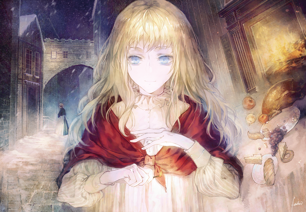 2girls, apple, arch, bags_under_eyes, blonde_hair, blue_eyes, bread, building
