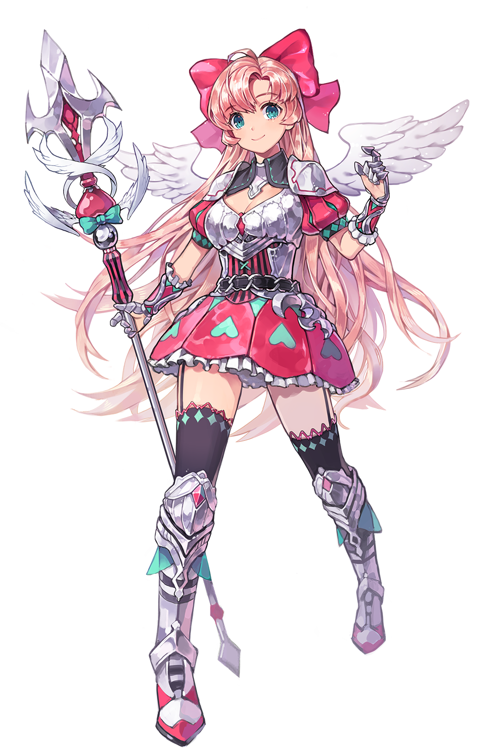 1girl, armor, armored_boots, belt, black_legwear, blue_eyes, boots, bow