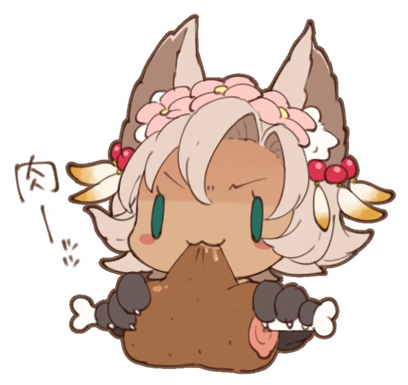 1girl, animal_ears, boned_meat, cat_ears, chibi, erun_(granblue_fantasy), food, granblue_fantasy