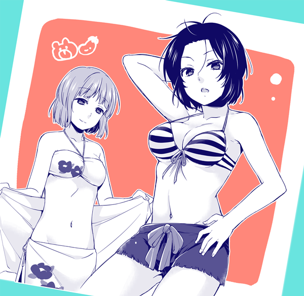 2girls, antenna_hair, arm_up, bangs, bikini, bikini_top, border, breasts
