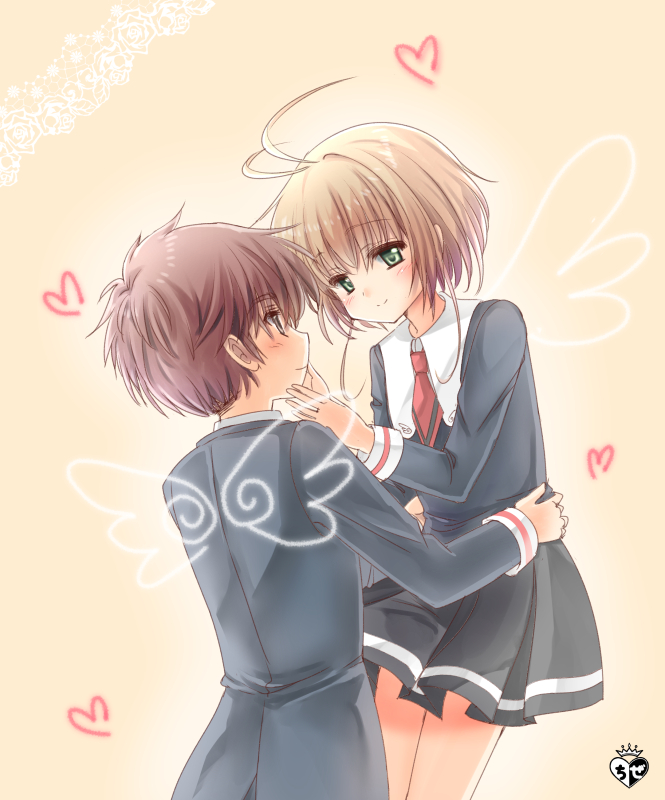 1boy, 1girl, 90s, bangs, black_eyes, blush, brown_hair, card_captor_sakura