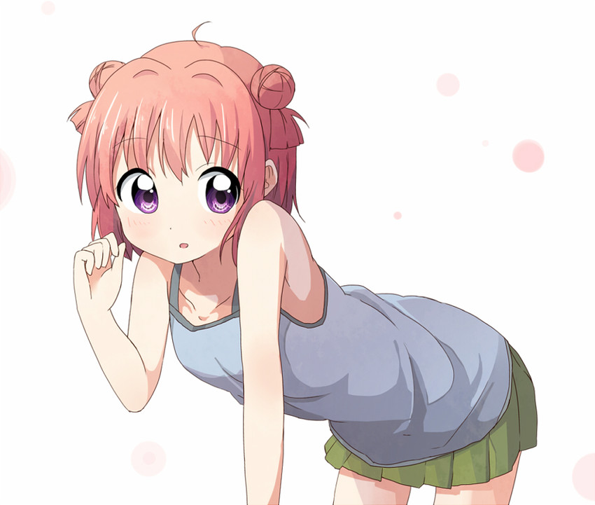 1girl, ahoge, akaza_akari, bent_over, flat_chest, green_skirt, hair_bun, redhead
