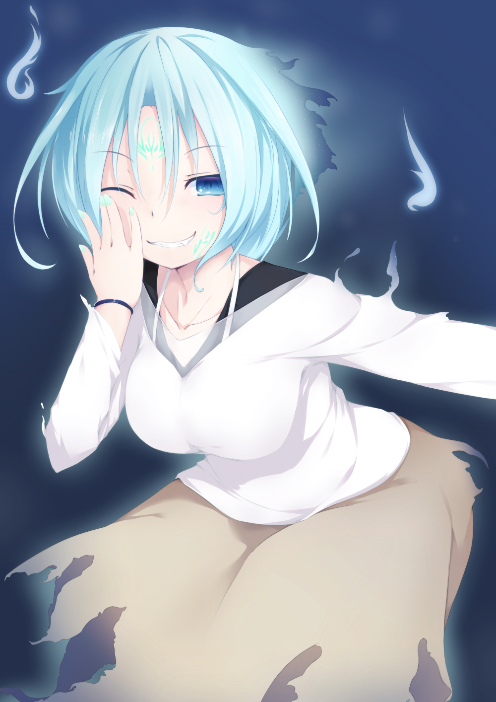 1girl, aqua_hair, aqua_nails, blue_eyes, collarbone, female, ghost, kisaragi_yuki_(sora_saki)