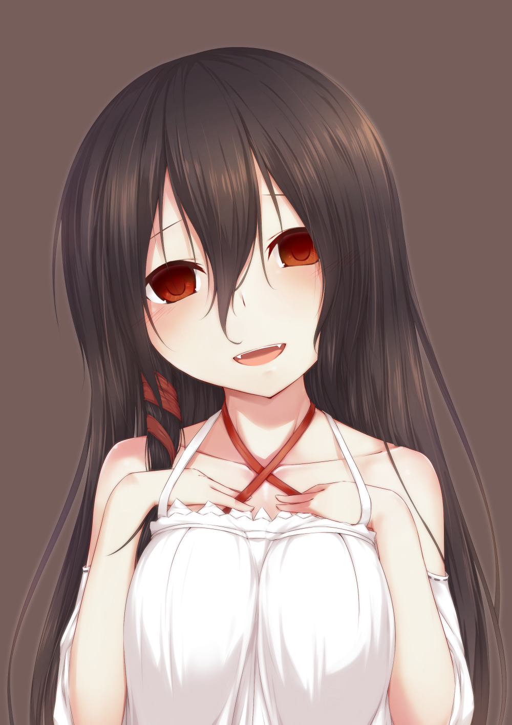 1girl, bare_shoulders, black_hair, blush, breast_suppress, breasts, collarbone, fang