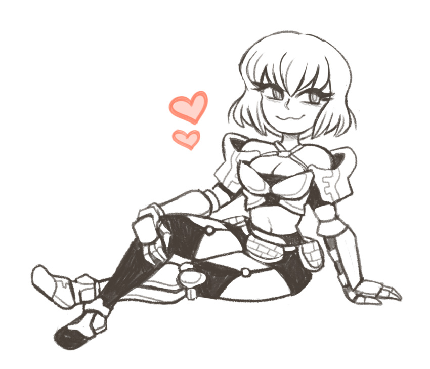 1girl, clementine_(overlord), female, full_body, hearts, monochrome, overlord_(maruyama), pin-up, simple_background, solo, spot_color, white_background