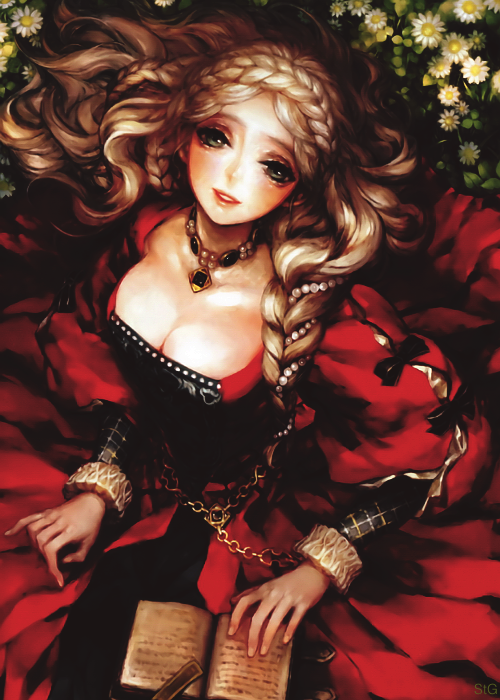 1girl, blonde_hair, book, braid, braided_hair, breasts, cleavage, dragon's_crown