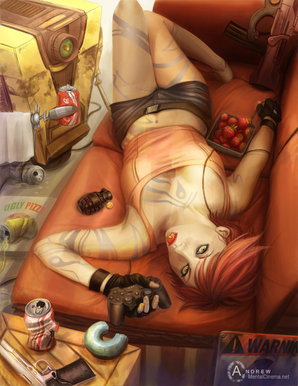 1girl, belt, borderlands, box, chaps, claptrap, controller, couch