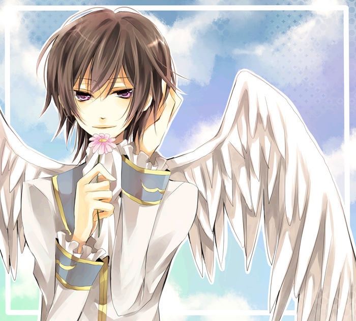 angel_wings, bad_id, black_hair, cloud, clouds, code_geass, flower, formal