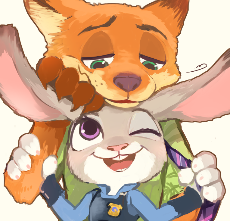 disney, fox, fox_ears, furry, green_eyes, judy_hopps, looking_at_another, nick_wilde, one_eye_closed, rabbit, rabbit_ears, simple_background, usamasuku, violet_eyes, white_background, zootopia