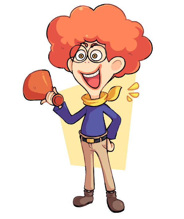 1boy, full_body, humanization, kflamingo, lips, male_focus, megaphone, mister_movien, open_mouth, orange_hair, scarf, simple_background, solo, standing, white_background, yellow_scarf, youkai_watch