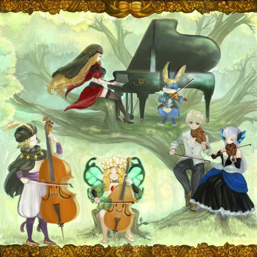 3boys, 3girls, alternate_costume, cornelius_(odin_sphere), gwendolyn, ich., ingway_(odin_sphere), instrument