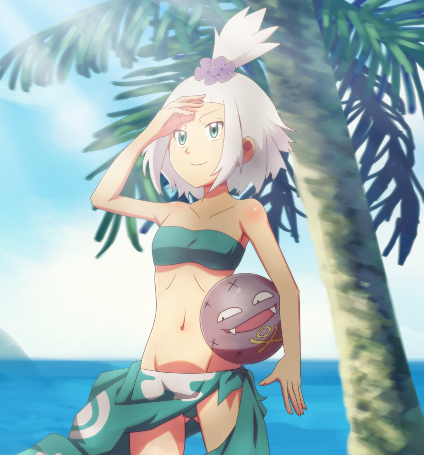 1girl, alternate_costume, ball, bare_shoulders, beach, beachball, blue_eyes, cosplay