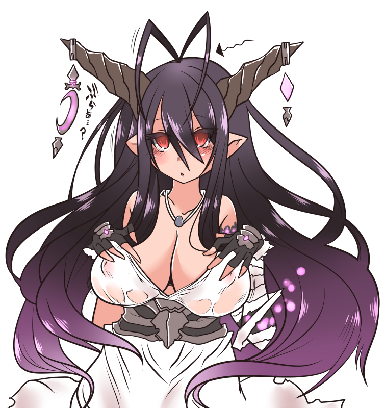 1girl, ahoge, bandage, black_hair, breasts, cleavage, danua, demon_girl