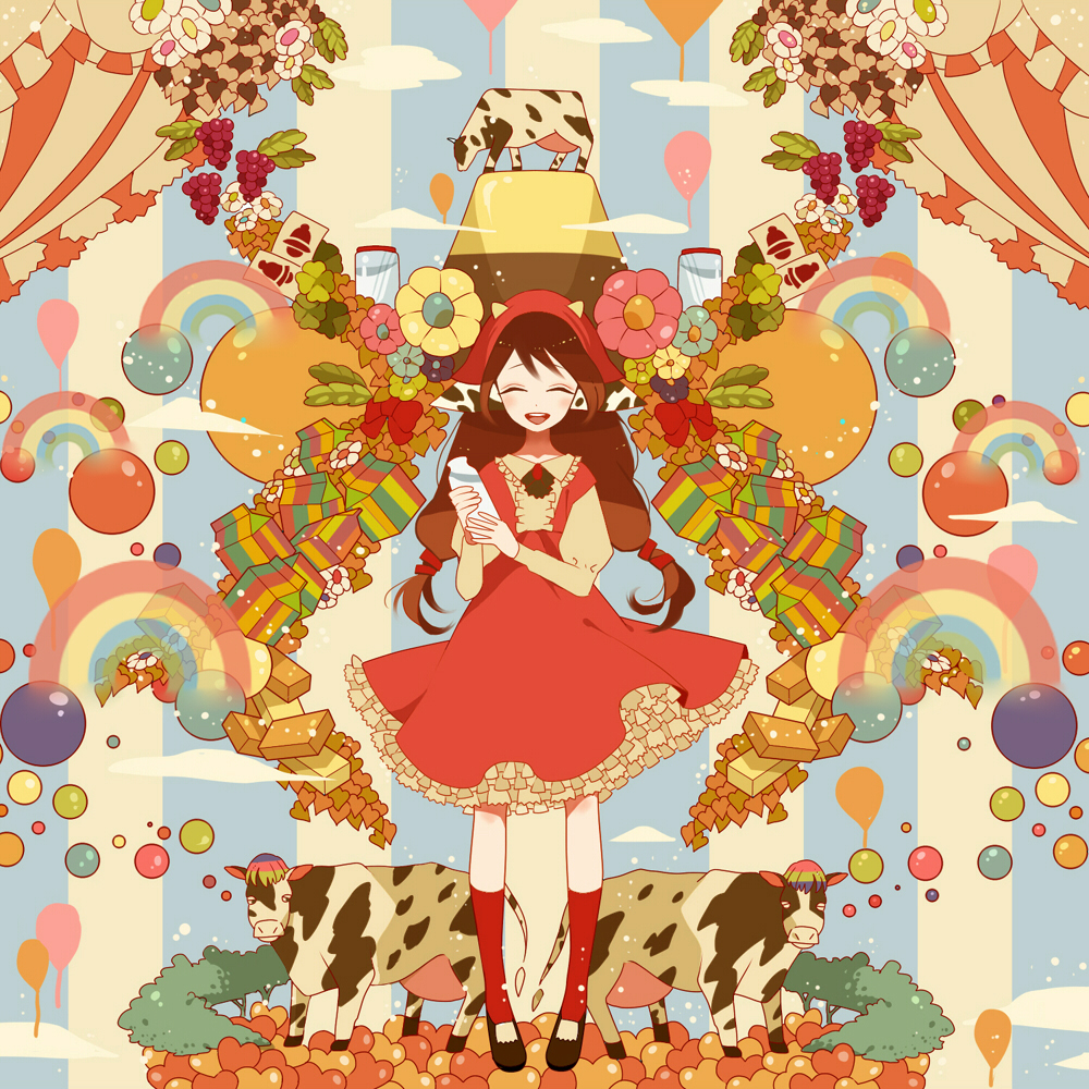 1girl, animal, balloon, brown_hair, closed_eyes, dress, drink, female