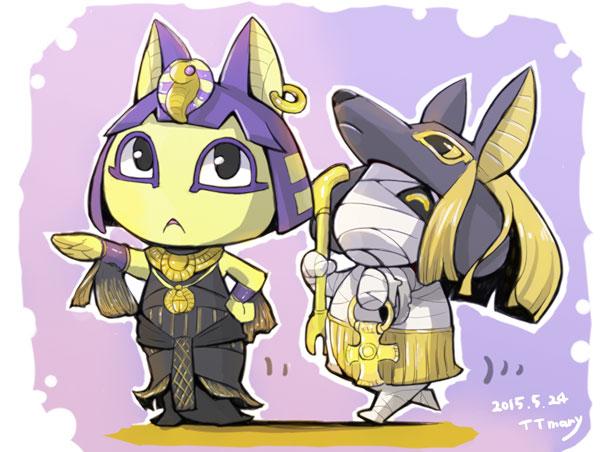 1boy, 1girl, :<, ankh, ankha_(animal_crossing), bandage, doubutsu_no_mori, earring, egyptian, hat, hoop_earrings, jewelry, lucky_(animal_crossing), necklace, nintendo, scepter, tetemari