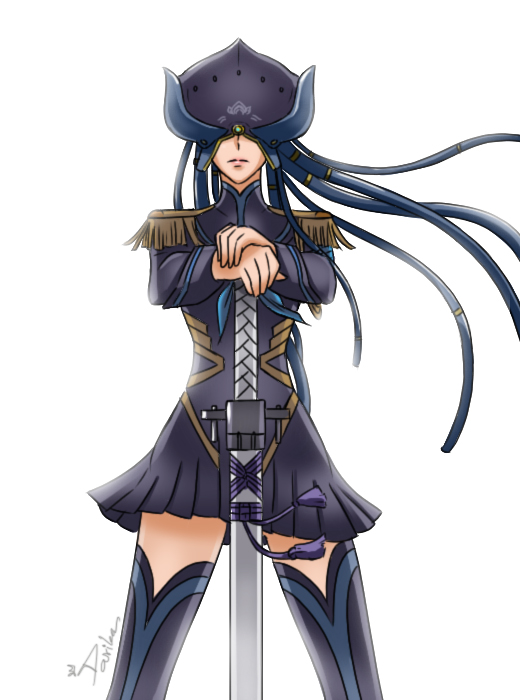 1girl, cosplay, dress, female, helmet, kill_la_kill, kiryuuin_satsuki, lotus_(warframe), sentient_(warframe), solo, sword, warframe, weapon, white_background