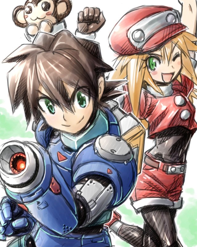 1boy, 1girl, big_hat, black_shirt, blonde_hair, brown_hair, data, gloves, green_eyes, hot_pants, long_hair, rockman, rockman_dash, roll_caskett, smile