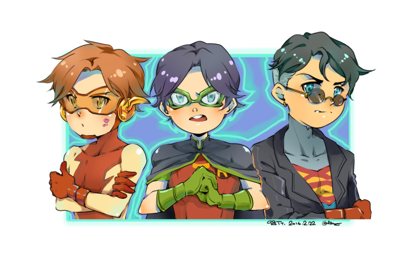 2016, 3boys, bart_allen, black_hair, blue_eyes, brown_hair, cape, crossed_arms