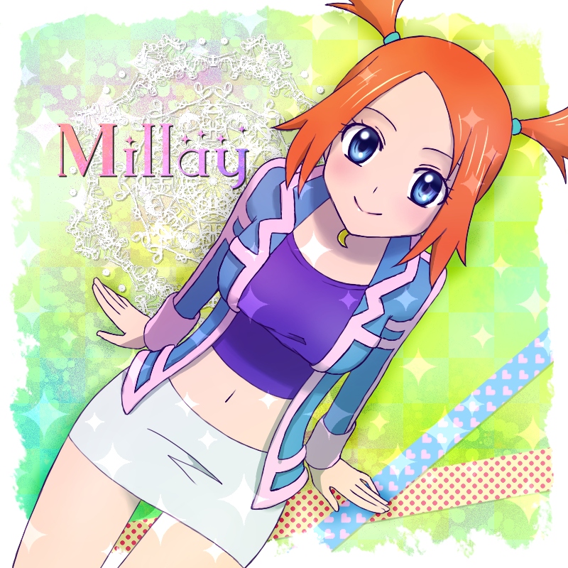00s, 1girl, blue_eyes, midriff, mirei_(pokemon), orange_hair, pokemon, pokemon_(game)