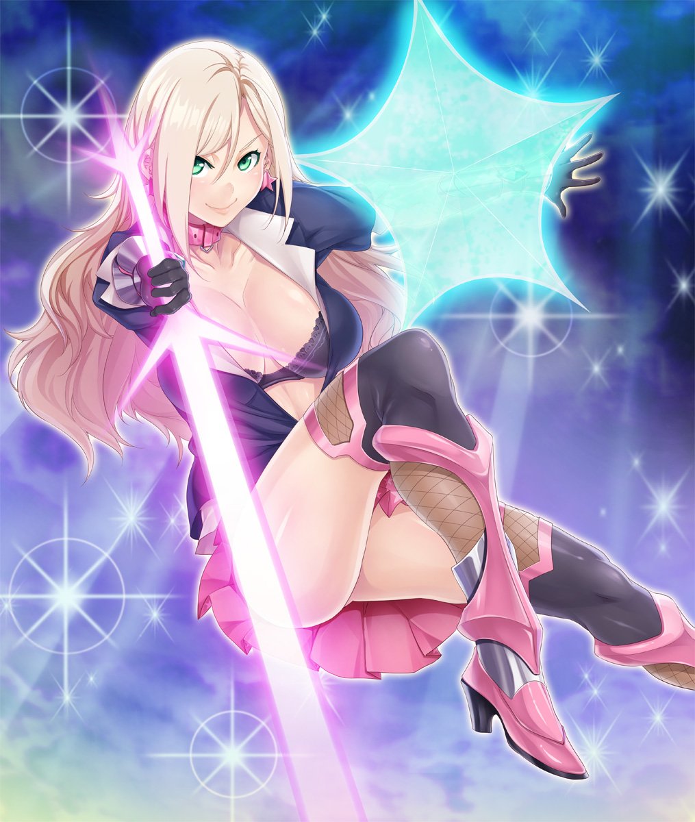 1girl, bare_legs, blonde_hair, breasts, chigasaki_ririko, cleavage, female, green_eyes