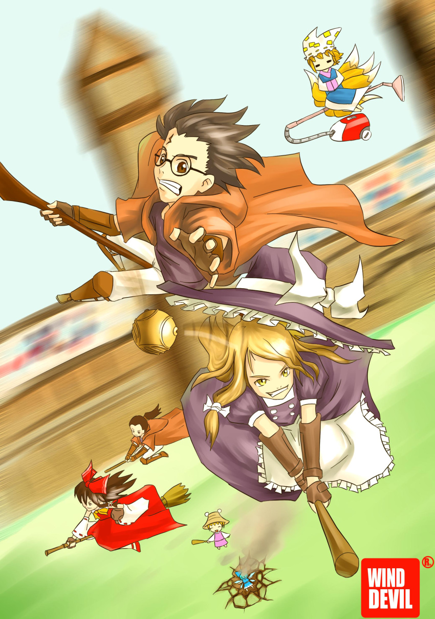 broom, chasing, cirno, crossover, fainted, fairy, glasses, hakurei_reimu