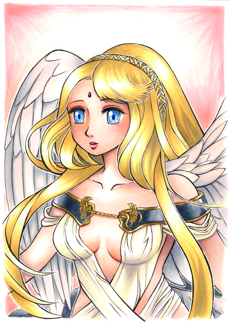 blue_eyes, cristal_zhaduir, highres, laima, marker_(medium), traditional_media, tree_of_savior, wings