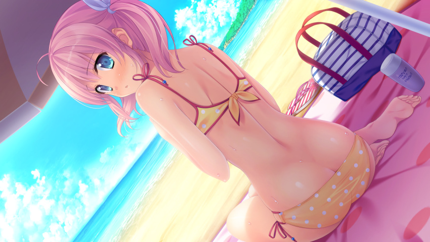 1girl, ass, back, bag, bare_arms, bare_legs, bare_shoulders, barefoot