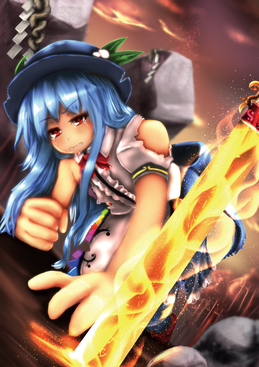 1girl, bare_shoulders, blue_hair, blurry, boroe, bow, bowler_hat, bowtie, center_frills, clenched_hand, clenched_teeth, crying, crying_with_eyes_open, depth_of_field, foreshortening, frilled_shirt, frills, glowing, hat, highres, hinanawi_tenshi, parted_lips, rainbow_order, red_bow, red_bowtie, shirt, solo, sword_of_hisou, tears, teeth, torn_clothes, torn_shirt, touhou, zenasu