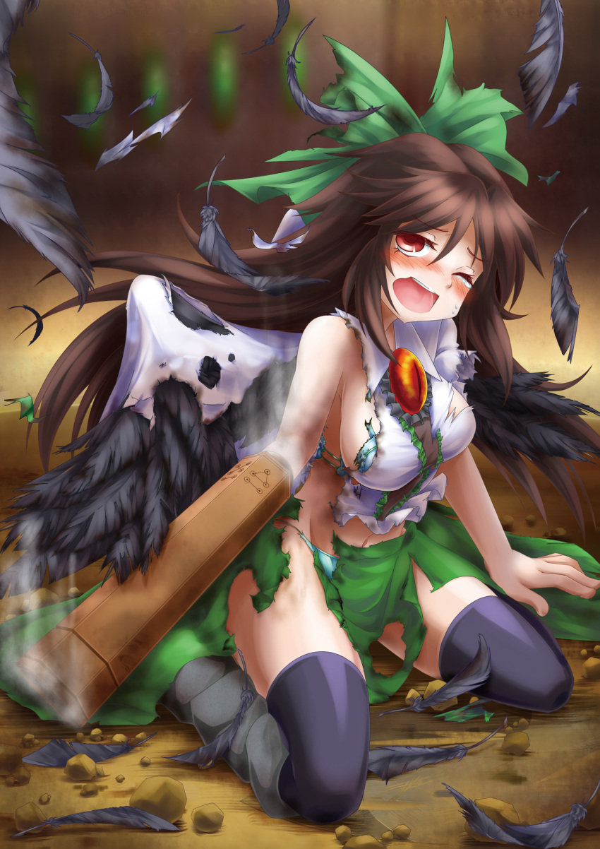 1girl, ;o, arm_cannon, arm_support, black_legwear, black_wings, blurry, blush