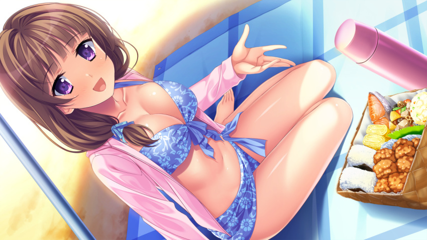 1girl, bare_legs, barefoot, beach, bikini, blush, bottle, breasts