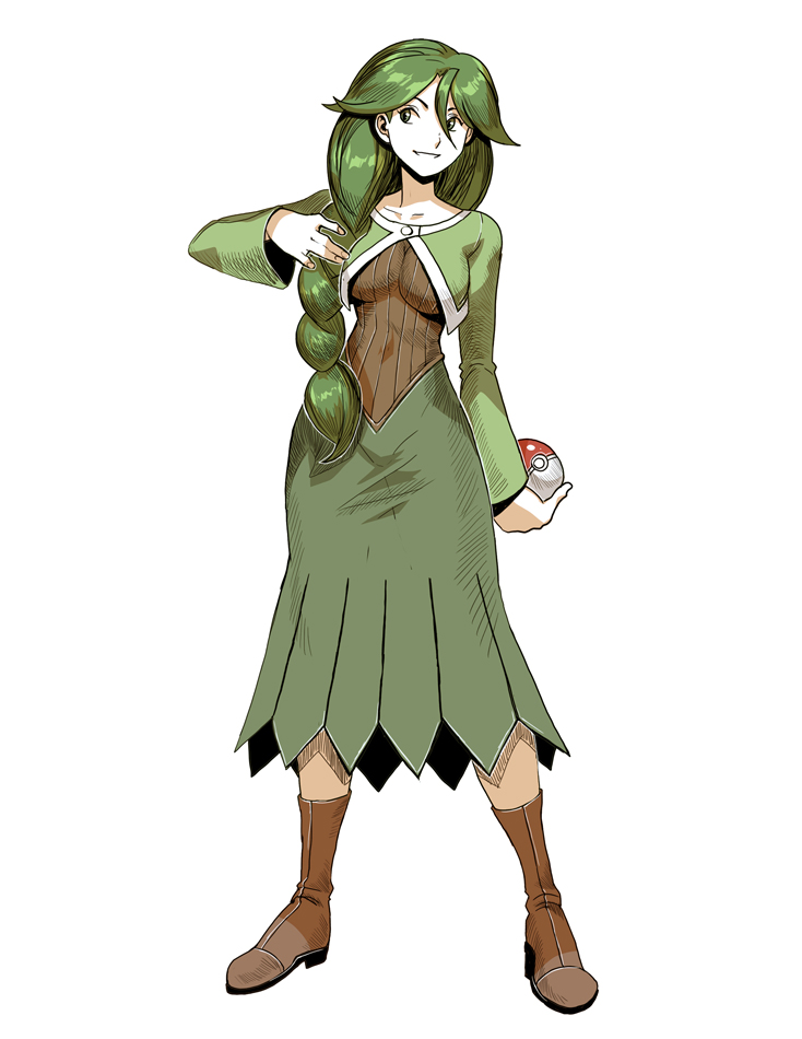 00s, 1girl, cheryl_(pokemon), full_body, genzoman, green_hair, green_skirt, long_skirt, momi_(pokemon), pokemon, pokemon_(game), pokemon_dppt, skirt, solo