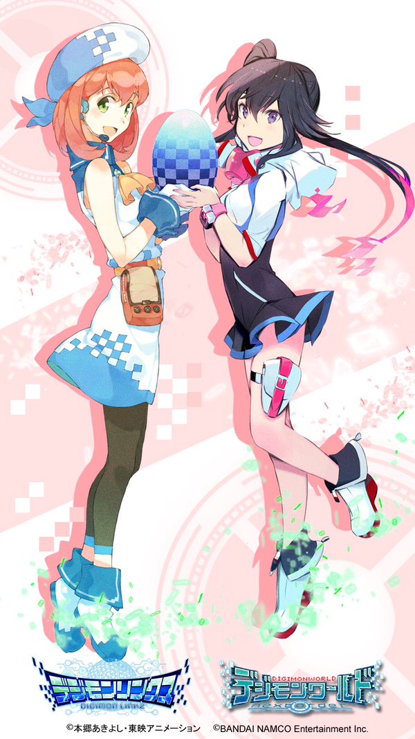 2girls, bandai, belt, beret, black_legwear, digimon, digimon_linkz, digimon_world_-next_0rder-