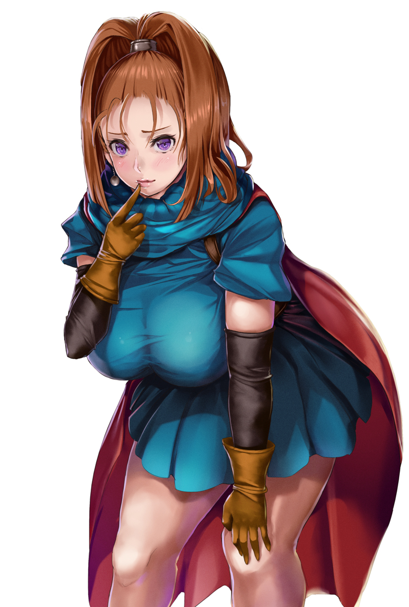 1girl, barbara, bare_legs, blue_dress, blush, breasts, cape, dragon_quest