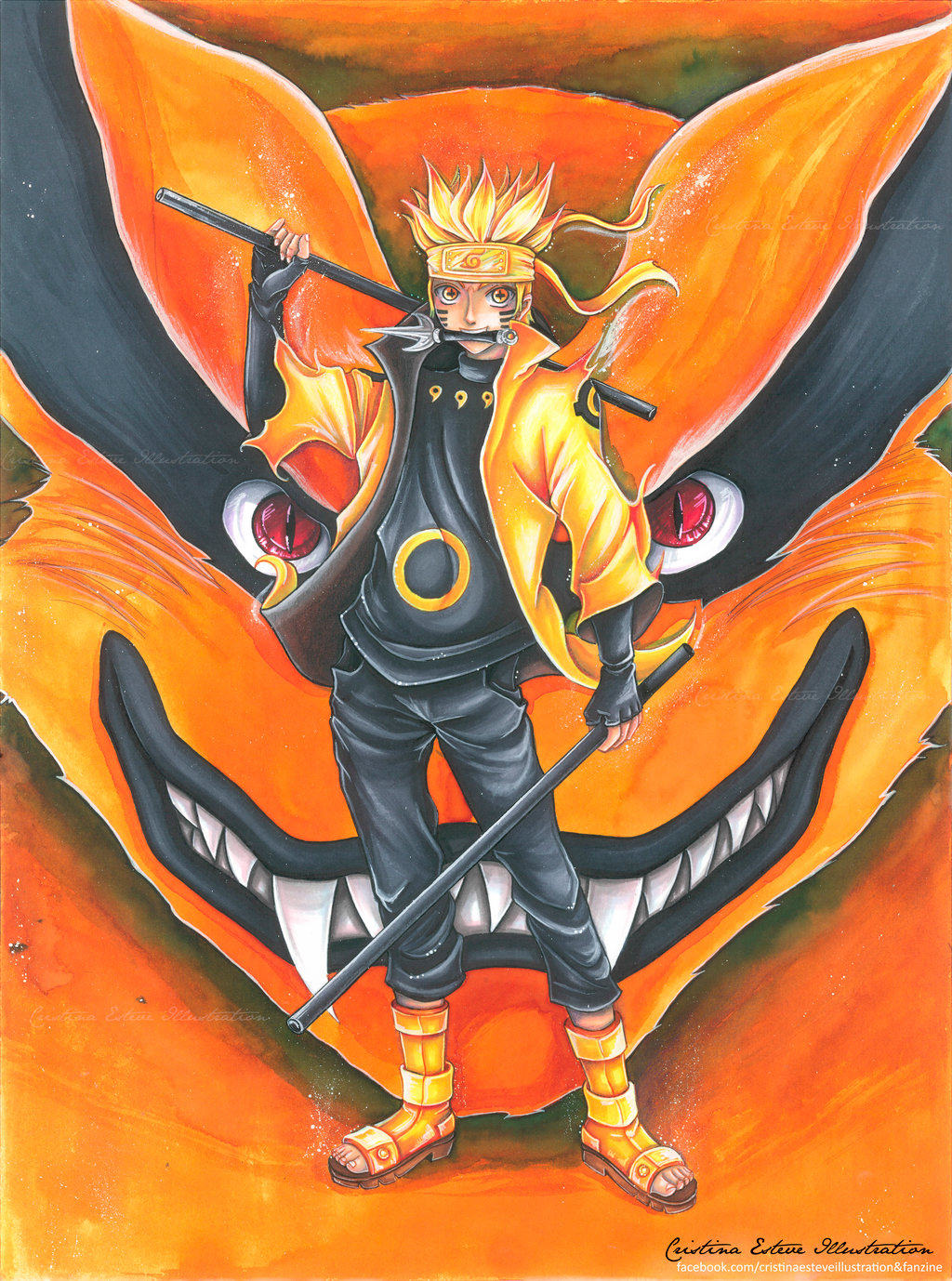 1boy, blonde_hair, dual_wielding, escrima_stick, facial_mark, fox, full_body, glowing