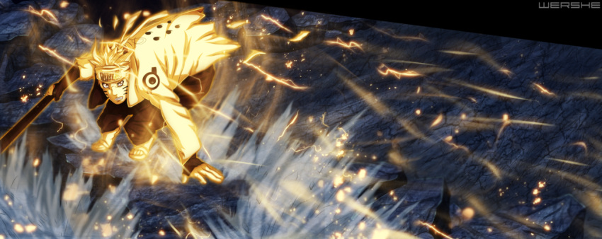 1boy, escrima_stick, forehead_protector, glowing, male_focus, naruto, solo, symbol-shaped_pupils