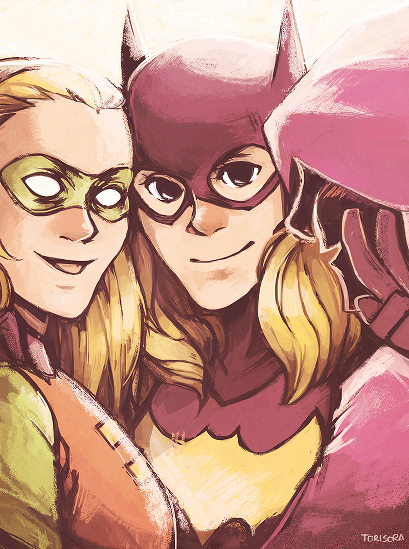 1girl, 3girls, bat_(symbol), batgirl, batman_(series), blonde_hair, brown_eyes, dc_comics