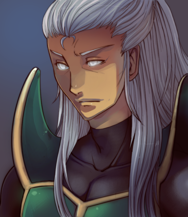 1boy, angry, armor, bloomseed, dark_skin, deviantart, frown, glowing_eyes, gradient_background, hotaru_(mortal_kombat), long_hair, male_focus, mortal_kombat, mortal_kombat_deception, simple_background, solo, upper_body, white_eyes, white_hair