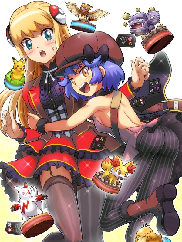 2girls, blonde_hair, blue_eyes, blue_hair, fennekin, hug, looking_at_viewer, multiple_girls