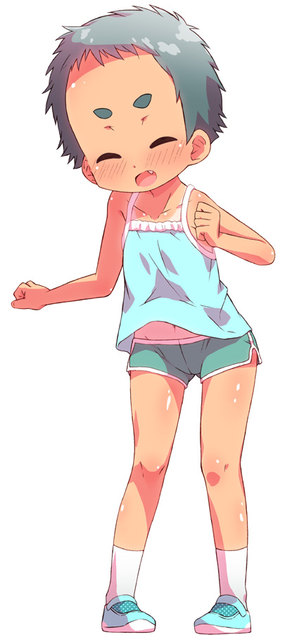 1girl, blush, child, closed_eyes, fang, open_mouth, original, shimo