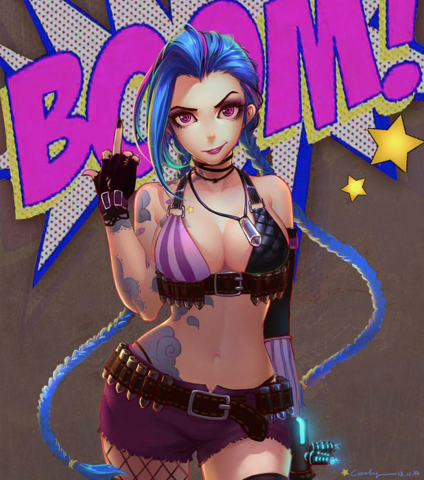 1girl, alternate_breast_size, belt, blue_hair, braid, breasts, bullets, cleavage, jewelry, jinx_(league_of_legends), league_of_legends, lipstick, long_hair, makeup, middle_finger, necklace, pink_eyes, pink_lipstick, shorts, tattoo, twin_braids
