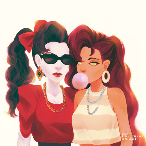 2girls, alternate_costume, bow, bubble, bubble_gum, dc_comics, donna_troy, earrings