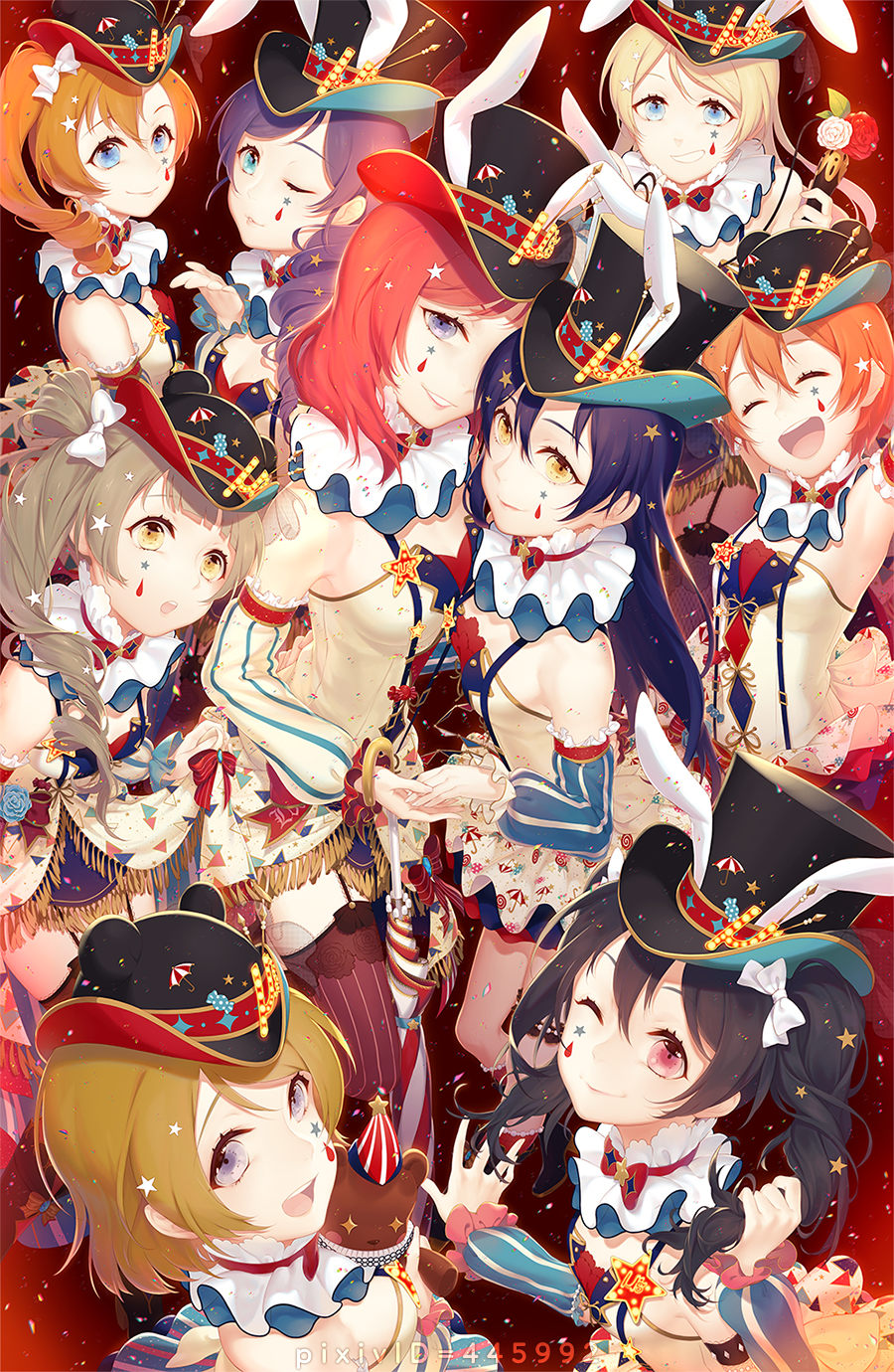 6+girls, ^_^, aka-shiro, ayase_eli, black_hair, blonde_hair, blue_eyes, blue_hair