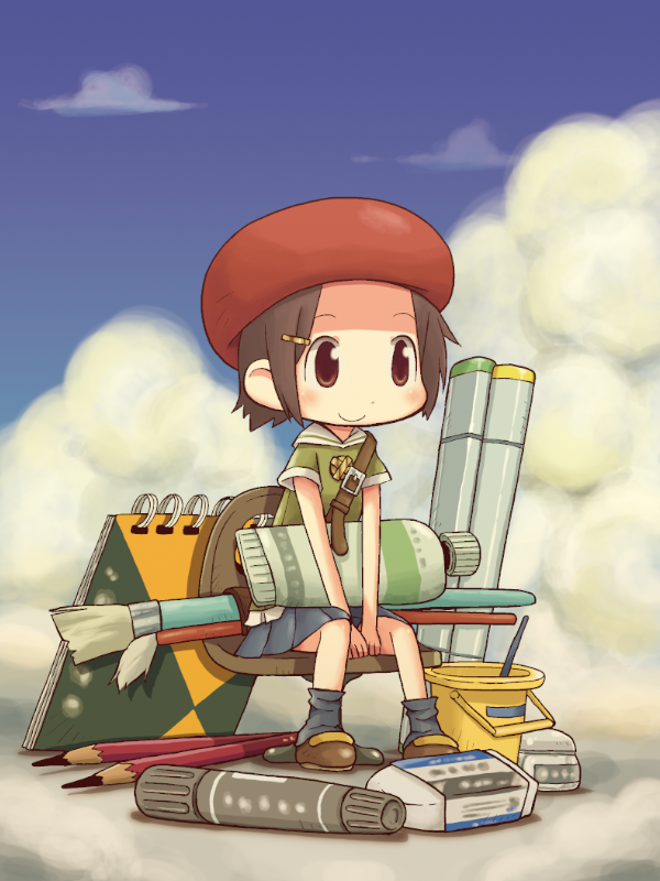 1girl, adeleine, beret, brown_eyes, brown_hair, hairclip, kirby_(series), nannyaka, paint, paintbrush, solo