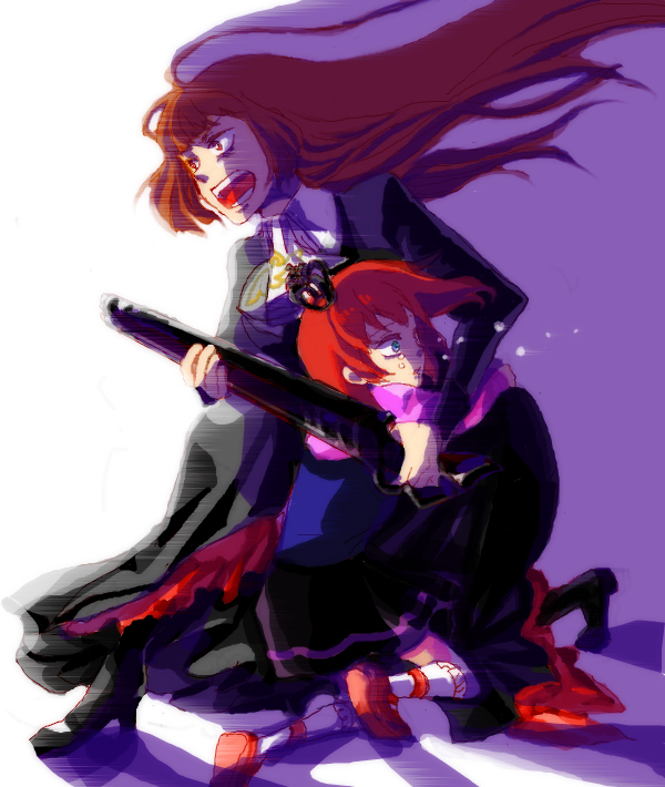 bad_id, brown_hair, crown, gun, hime_cut, hug, mother_and_daughter, multiple_girls